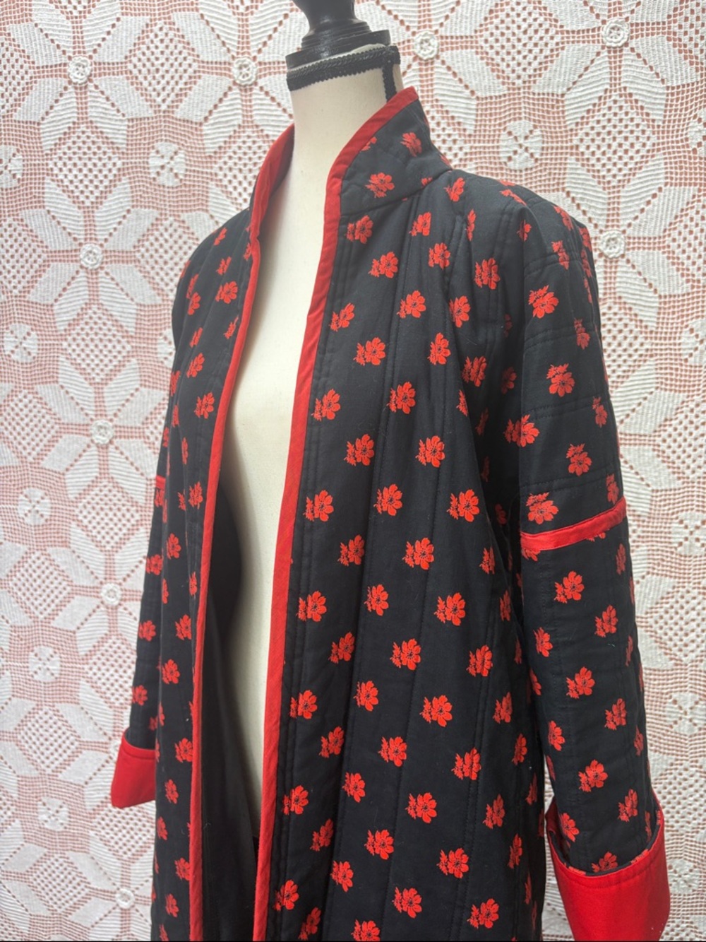 Vintage Black & Red Floral Quilted Duster Robe – Gothic Prairie - Picture 12 of 13